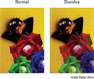 The Dissolve blend mode allows pixels from one layer to peek randomly through another.