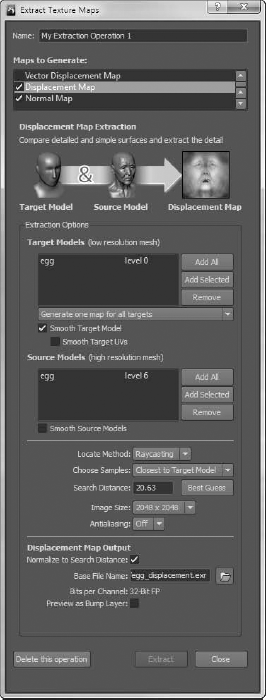 Displacement map extraction dialog box