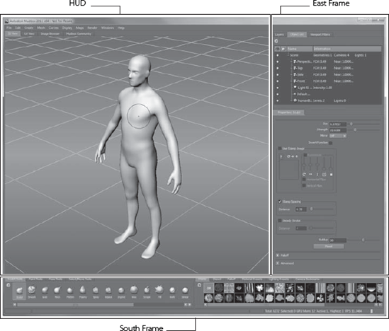 Three frames of the Mudbox interface