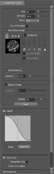 Properties window for the Sculpt tool