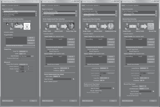 Variations of the Extract Texture Maps dialog box