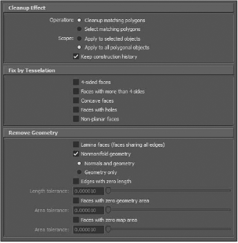 Maya's Mesh Cleanup dialog box