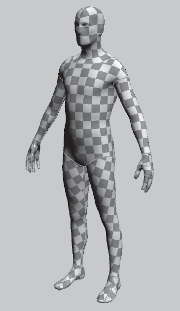 The Human Body mesh with modified UVs in UVLayout displaying a more uniform checkered pattern (see color insert)