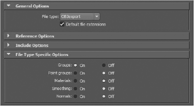 Export selection options, with the Groups option set to On