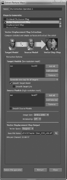 VDM extraction dialog box settings