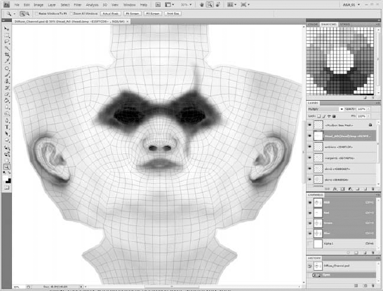 The Diffuse channel of our Mudbox model loaded into Photoshop CS4