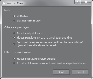 Send to Maya Dialog box settings