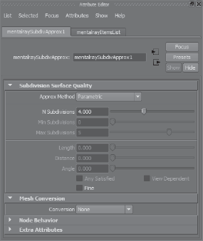 Attributes of the mental ray Approximation Editor