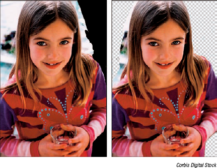 The Eraser tool erases to either the background color (left) or, if you're on a layer, transparency (right).