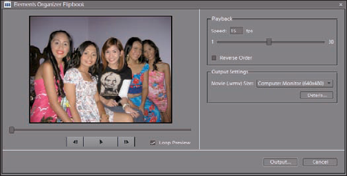 The Elements Organizer Flipbook dialog box permits you to select a speed and movie file size.