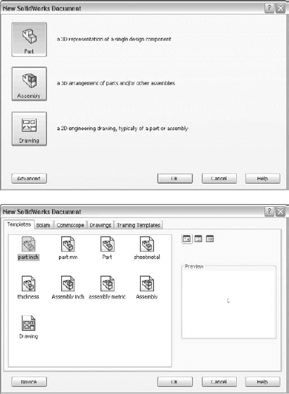 The Novice and Advanced interfaces for the New SolidWorks Document dialog