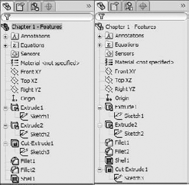 Compare the FeatureManager design trees for the parts shown in Figure 1.16 and Figure 1.17.