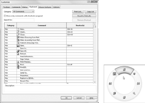 The Keyboard dialog box (Tools Customize Keyboard) and the mouse gesture donut