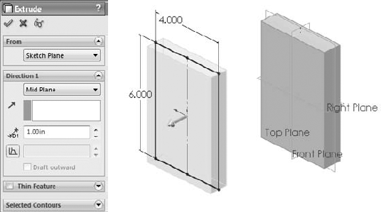 An initial extruded feature centered on the standard planes