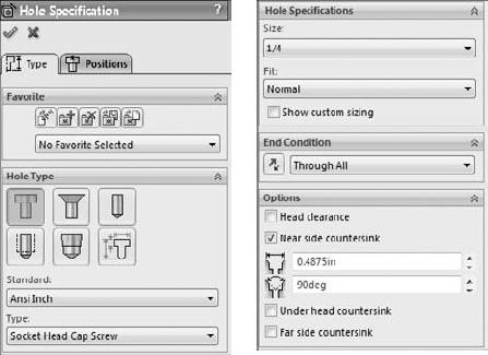 The Hole Wizard Hole Specification interface