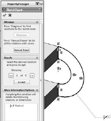 Using the SketchXpert to resolve an overdefined sketch