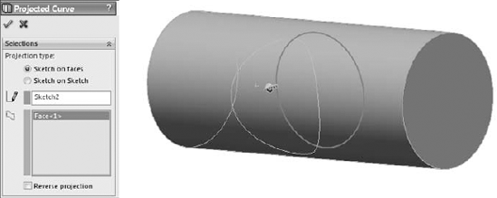 A projected curve using the Sketch On Faces option