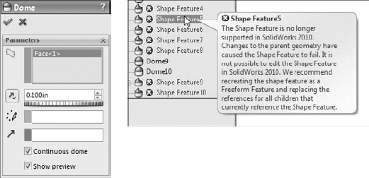 Shape features may fail in SolidWorks 2010