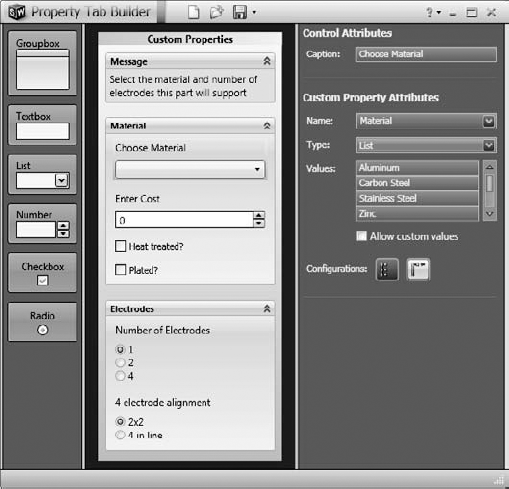 Using the Property Tab Builder to construct a Custom Properties tab for the Task Pane