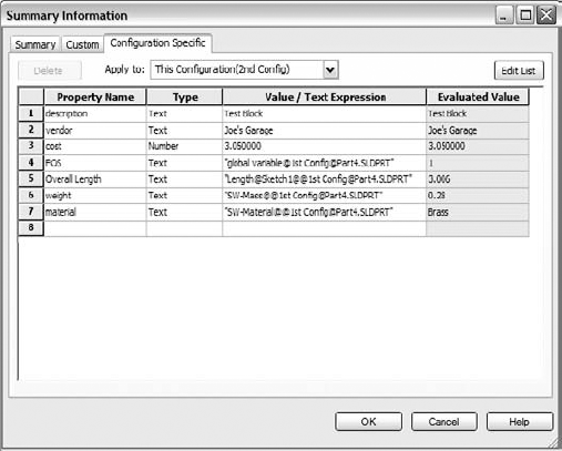 The Configuration Specific tab in the Summary Information dialog box