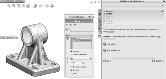 Applying loads to the model in SimulationXpress