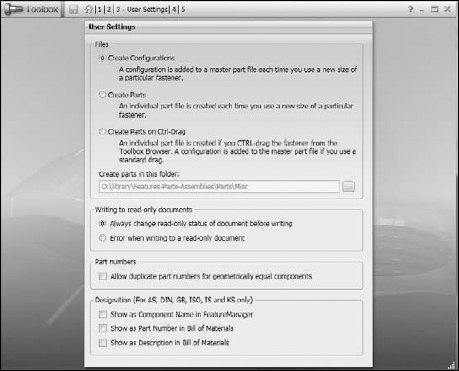 Toolbox settings for the Create Configurations and Create Parts options