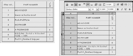 Selecting a column, row, cell, and table