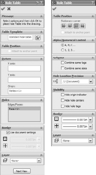 The PropertyManager for the Hole Table