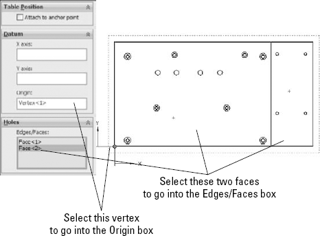 The Hole Table PropertyManager and selections