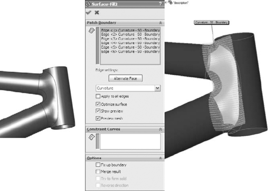 The Fill Surface PropertyManager and the results of applying it