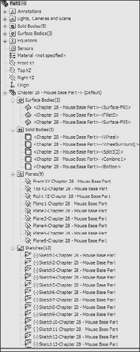 The FeatureManager showing items inserted with an inserted part