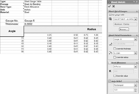 A sample Gauge Table and Sheet Metal PropertyManager