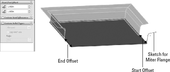 The Start/End Offset settings for a Miter Flange