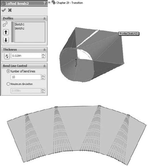 The Lofted Bends PropertyManager, a sample, and a Flat Pattern with bend lines