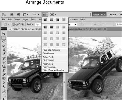 The Arrange Documents drop-down menu lets you choose how to tile multiple documents and makes it easy to quickly access several other options.
