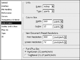 The Unit & Rulers settings in the Preferences dialog box allow you to define the units, column sizes, document resolution, and point size.