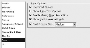 The Type settings in the Preferences dialog box allow you to define behaviors such as using smart quotes and font substitutions used when adding text to images.