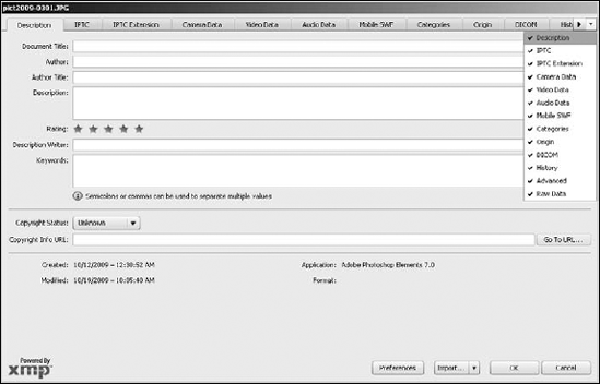 Modifying the metadata for files using the File Info utility in Bridge