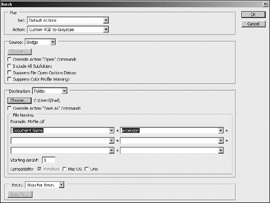 Using Bridge, you can select files to be processed by Photoshop's Batch process utility.