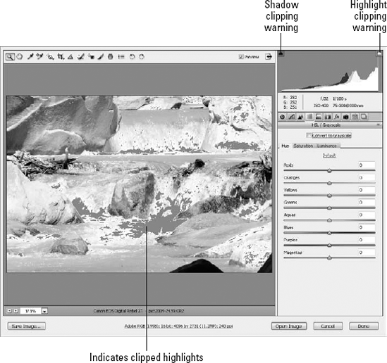 Use the clipping warnings to show you areas that have lost all color information.