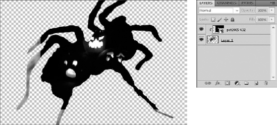 The clipping mask used the spider as a template to cut out the jack-o-lantern image for spooky effect.