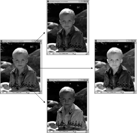 Splitting color channels of an image results in a new set of grayscale documents being created, each containing the data from a separate channel. The filenames are the same as the original with an additional letter denoting the channel.