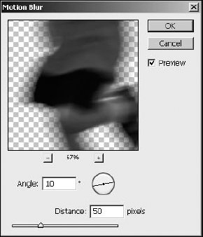 The Motion Blur filter allows you to set the angle and direction of the blur that is applied to the image.