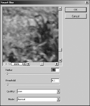 The Smart Blur allows you to specify the area of pixels and threshold to use when blurring the image.