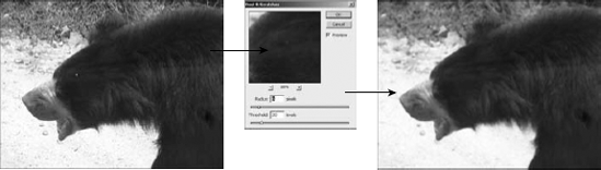 Getting a good result from the Dust & Scratches Filter is a balancing act between the Radius and Threshold settings.