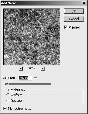 The Add Noise dialog box allows you to introduce noise into the image to simulate film grain, add a texture effect, or camouflage areas that have been corrected.