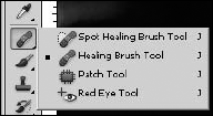 The Spot Healing Brush, the Healing Brush, the Patch tool, and the Red Eye tool are all found together in the Toolbox.