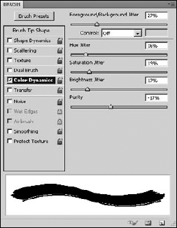 Setting the color dynamics options of the brush tip