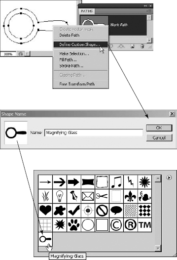 Converting a shape to a path is as simple as right-clicking it and selecting Define Custom Shape... from the pop-up menu. The new shape is added to the Custom Shapes list.