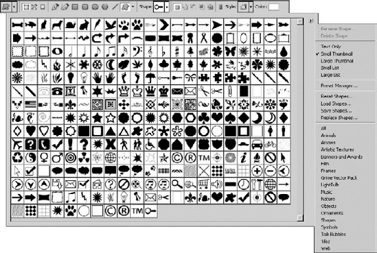 When using the Custom Shape tool, you can select custom shapes from a drop-down list. You also can manage the Custom Shapes lists by saving and loading list files and by selecting preset lists.